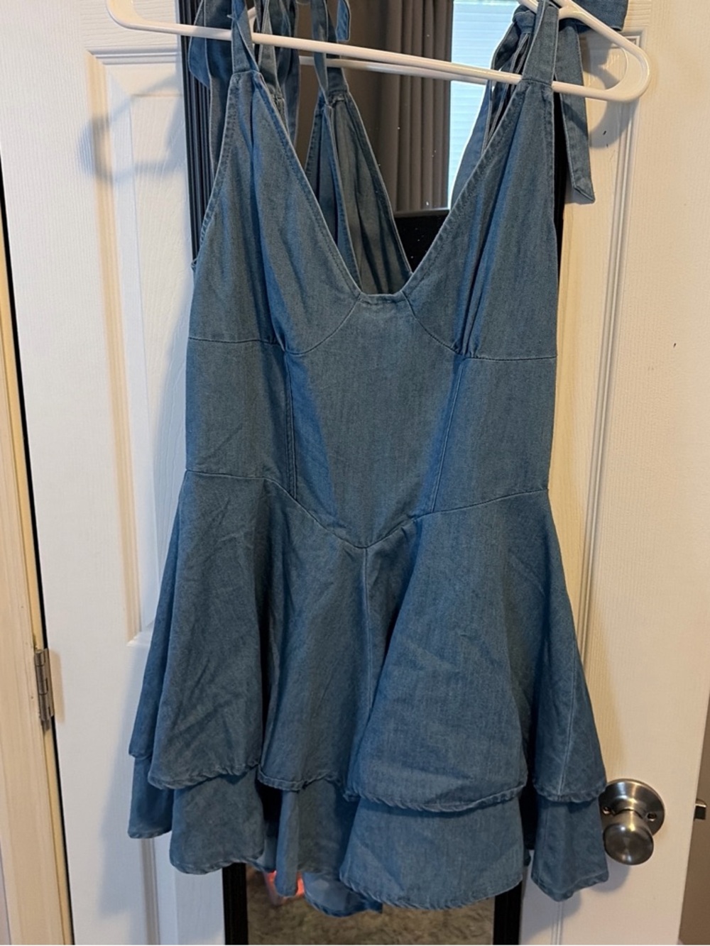 Fashion Nova Blue Denim Tie-Shoulder romper